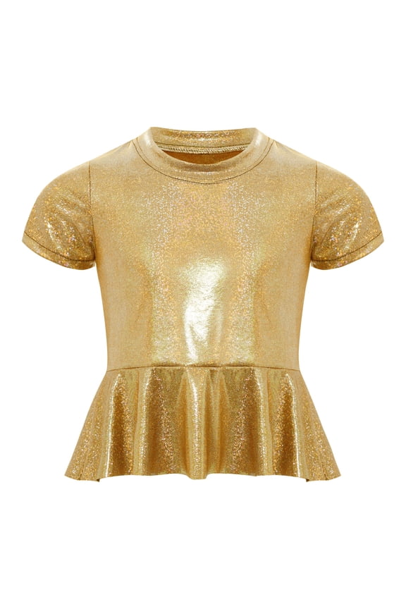 Kids Girls Metallic Ruffle Hem Crop Top Short Sleeve Round Neck Tee Shirt Rave Festival Jazz Dance Top Gold 110