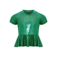 thumbnail image 1 of inlzdz Kids Girls Metallic Ruffle Hem Crop Top Short Sleeve Round Neck Tee Shirt Rave Festival Jazz Dance Top Green 130, 1 of 3