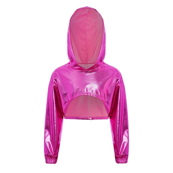 inlzdz Kids Girls Metallic Shiny Jazz Hip Hop Dance Crop Top Long Sleeve Cropped Hoodies Sweatshirts Hot Pink 6