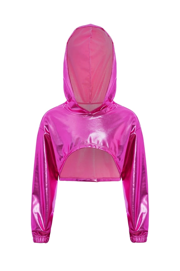 Kids Girls Metallic Shiny Jazz Hip Hop Dance Crop Top Long Sleeve Cropped Hoodies Sweatshirts Hot Pink 8