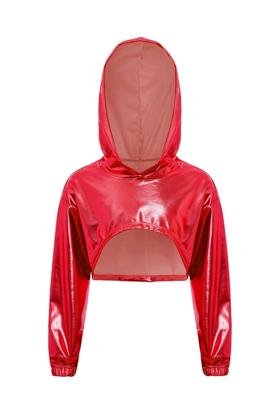 Kids Girls Metallic Shiny Jazz Hip Hop Dance Crop Top Long Sleeve Cropped Hoodies Sweatshirts Red 6