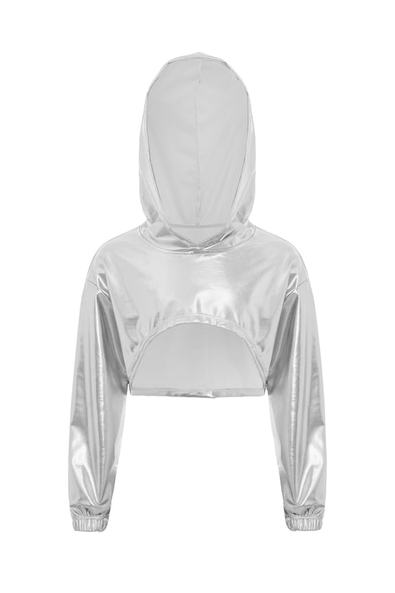 Kids Girls Metallic Shiny Jazz Hip Hop Dance Crop Top Long Sleeve Cropped Hoodies Sweatshirts Silver 10