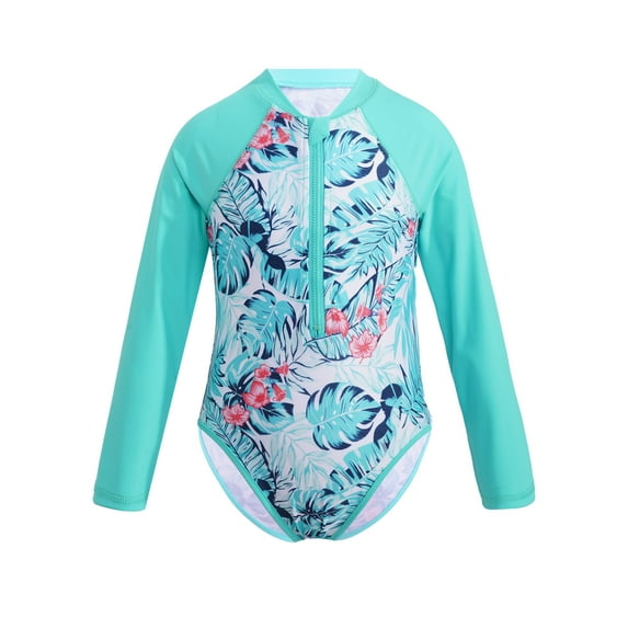 inlzdz Kids Girls One Piece Swimsuits Long Sleeve Rash Guard Swimwear Bathing Suit Mint Green 4