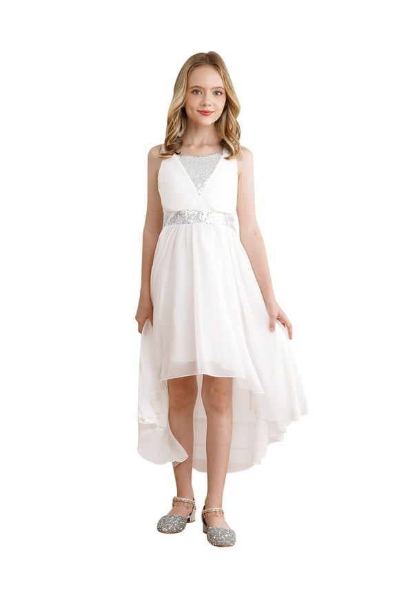 Kids Girls One Shoulder Sequins Formal Dress High Low Hem Ball Gown Wedding Pageant Birthday Prom Dress 02 Silver 6