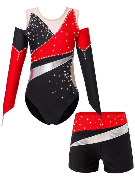 Kids Girls Rhinestone Long Sleeve Sports Dance Set 2Piece Gymnastic Leotard and Booty Shorts Red 6