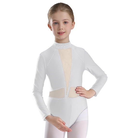 inlzdz Kids Girls Rhinestones Figure Ice Skating Suit Ballet Dance Leotard Mock Neck Bodysuit Long White 12