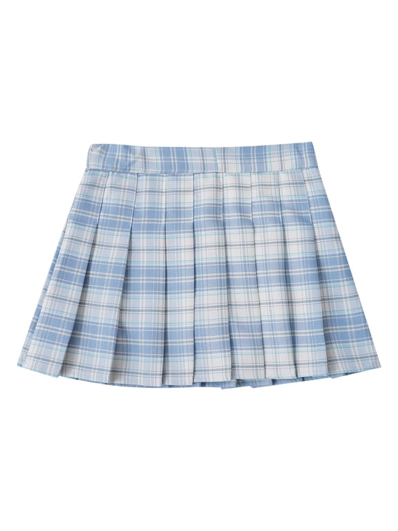 Kids Girls School Uniform Skirt Schoolgirl Kilt Plaid A-Line Skirt Casual Side Split Pleated Tartan Miniskirt Sky Blue 150/L