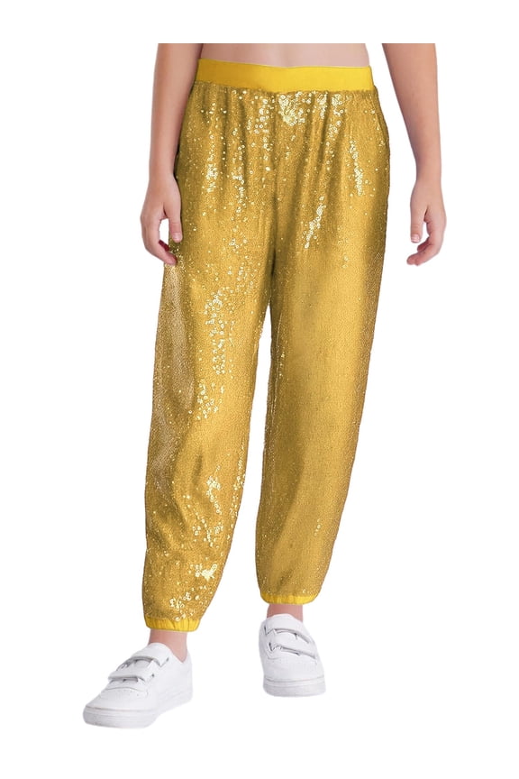 Kids Girls Sequin Hip Hop Jazz Street Disco Dance Pants Performance Bloomers Sweatpants Party Harem Trousers Gold 100