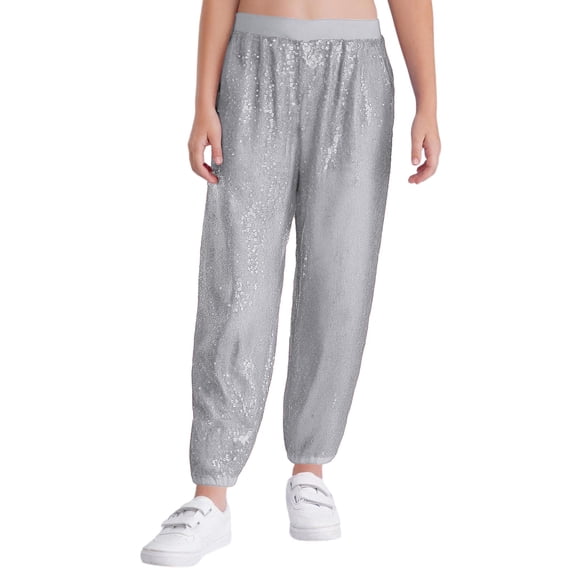 inlzdz Kids Girls Sequin Hip Hop Jazz Street Disco Dance Pants Performance Bloomers Sweatpants Party Harem Trousers Silver 120