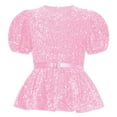 thumbnail image 1 of inlzdz Kids Girls Sequin Velvet Tops Sparkle Glitter Dressy Blouse Puff Sleeve Peplum Tops with Belt Pink 8, 1 of 5