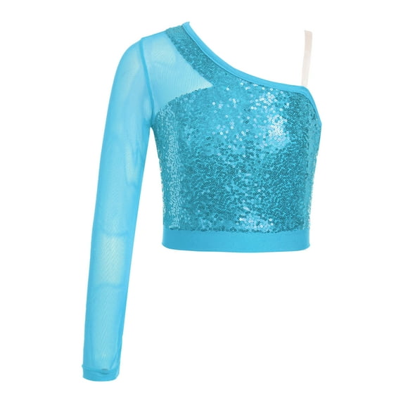 inlzdz Kids Girls Sequins Jazz Dance Crop Top Single Long Sleeve Athletic Gymnastics Shirt Dancewear Light Blue 16