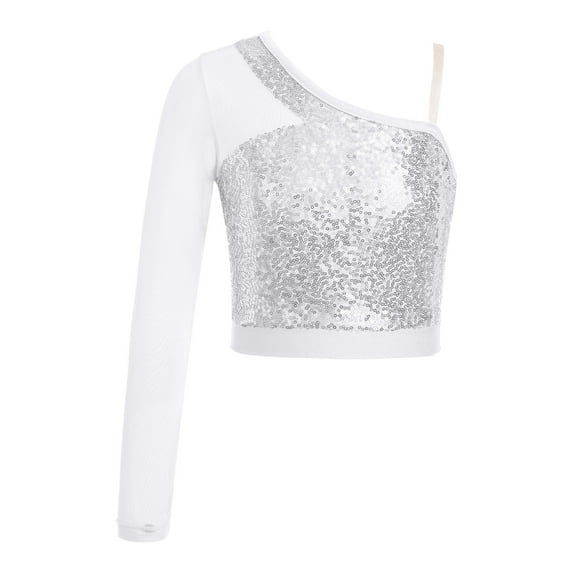 inlzdz Kids Girls Sequins Jazz Dance Crop Top Single Long Sleeve Athletic Gymnastics Shirt Dancewear Silver 6