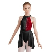 inlzdz Kids Girls Shiny Ballet Lyrical Dance Dress Backless Modern Contemporary Gymnastics Dancewear Black&Burgundy 10