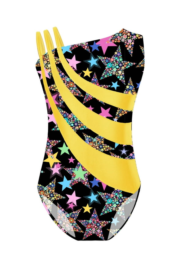 Kids Girls Shiny Metallic Ballet Dance Unitards Sleeveless Color Block Gymnastics Leotard Black&Yellow 14