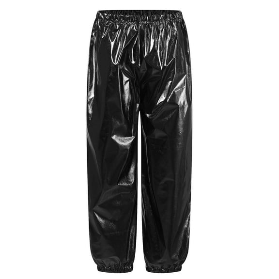 inlzdz Kids Girls Shiny Metallic Hip Hop Jazz Dance Pants Elastic Waist Wide Leg Trousers Streetwear Black 110