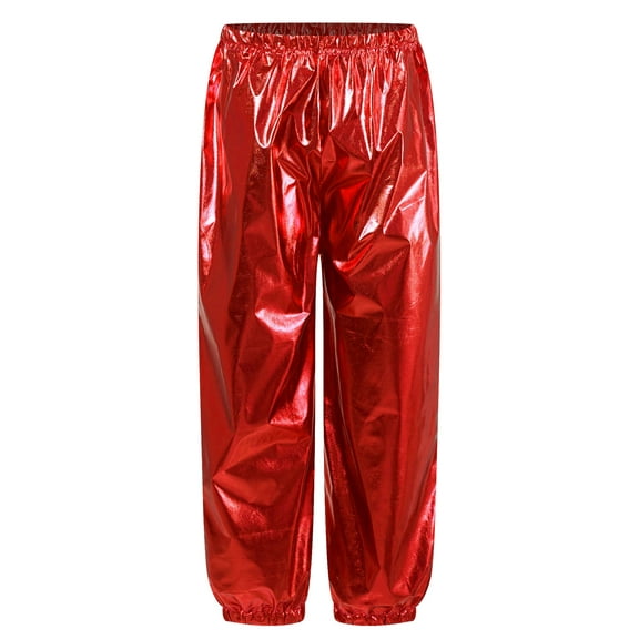 inlzdz Kids Girls Shiny Metallic Hip Hop Jazz Dance Pants Elastic Waist Wide Leg Trousers Streetwear Red 130
