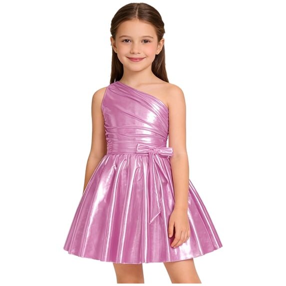 inlzdz Kids Girls Shiny Metallic One Shoulder Sleeveless Elegant Pleated Midi Dress for Pageant Dance Party Pink 12