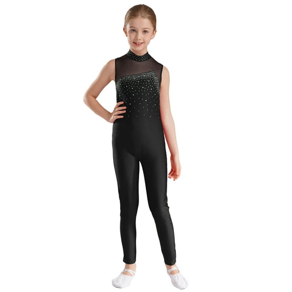 inlzdz Kids Girls Sleevless Shiny Rhinestone Ballet Dance Gymnastics Leotard Figure Skating Jumpsuit Black 12