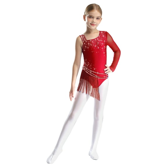 inlzdz Kids Girls Shiny Rhinestone Irregular Tassel Gymnastic Leotard Bodysuit for Figure Skating Ballet Burgundy 14