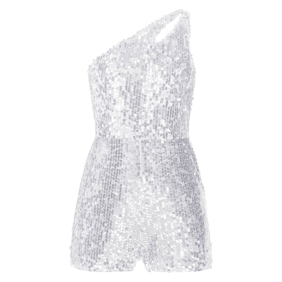 inlzdz Kids Girls Shiny Sequins Jumpsuit One Shoulders Sleeveless Short Romper Party Gown Modern Dancewear Silver 10