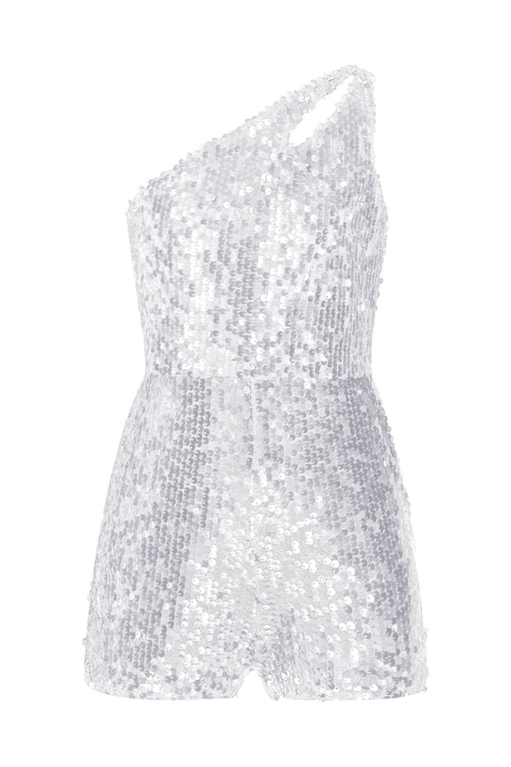 Kids Girls Shiny Sequins Jumpsuit One Shoulders Sleeveless Short Romper Party Gown Modern Dancewear Silver 10