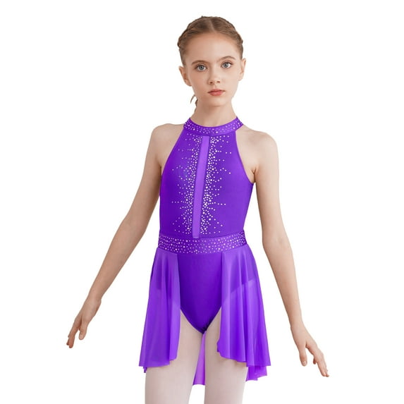 inlzdz Kids Girls Sparkle Figure Ice Skating Dress Lyrical Ballet Contemporary Dance Skirt Leotard Purple 14