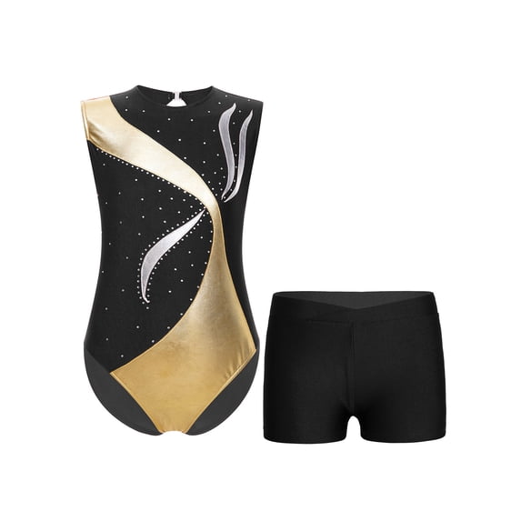 inlzdz Kids Girls Sparkle Gymnastic Leotard Outfits with Shorts Dance Bodysuit Swimwear Set 4-16Year Black 4