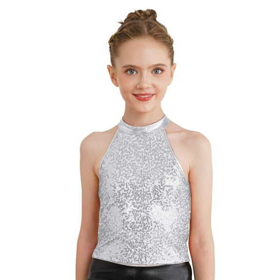 inlzdz Kids Girls Sparkle Sequins Jazz Cha Cha Tango Disco Dance Costume Tank Tops Gymnastics Shirt Silver 14