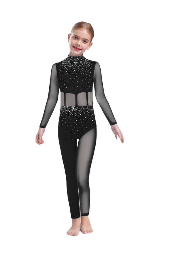 Kids Girls Sparkly Rhinestone Full Body Dance Unitards Figure Skating Jumpsuit Gymnastic Dancewear Black 8