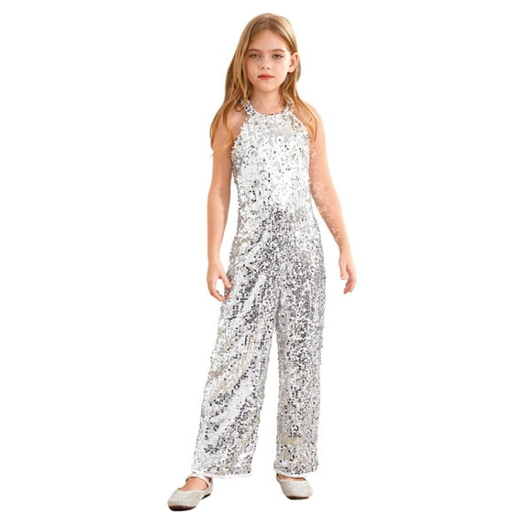 inlzdz Kids Girls Sparkly Sequins Full Length Jumpsuit One-Piece Outfit Dance Rompers Wedding Prom Party Gown Playsuit Silver 6