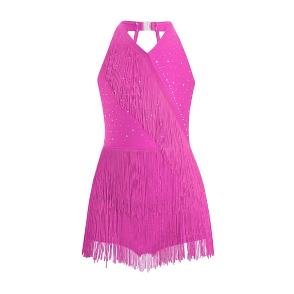inlzdz Kids Girls Tassel Latin Jazz Dance Dress Sleeveless Sparkly Fringe Skirt Leotard Ballroom Hot Pink 16
