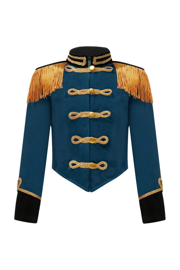 Kids Halloween Party Dress Up Ringmaster Tassel Jacket Tailcoats Marching Band Team Uniform Peacock Blue 4