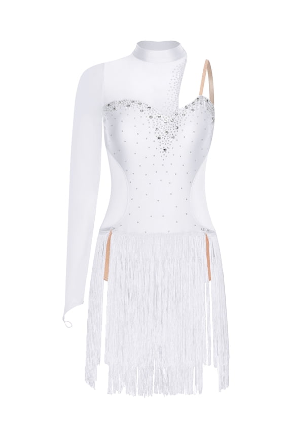 Latin Dance Dress Women Rumba Chacha Tango Single Sleeves Performance Clothing Latin Skirt Ivory XL