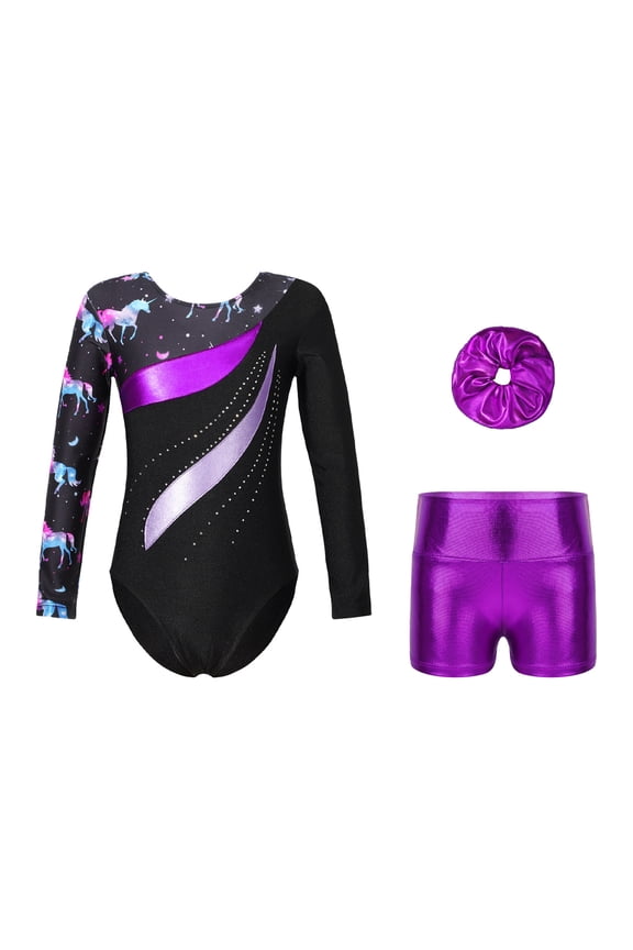 Long Sleeve Gymnastics Leotards with Shorts for Girls Sparkle Ballet Dance Bodysuit Swimwear Dark Pegasus 12
