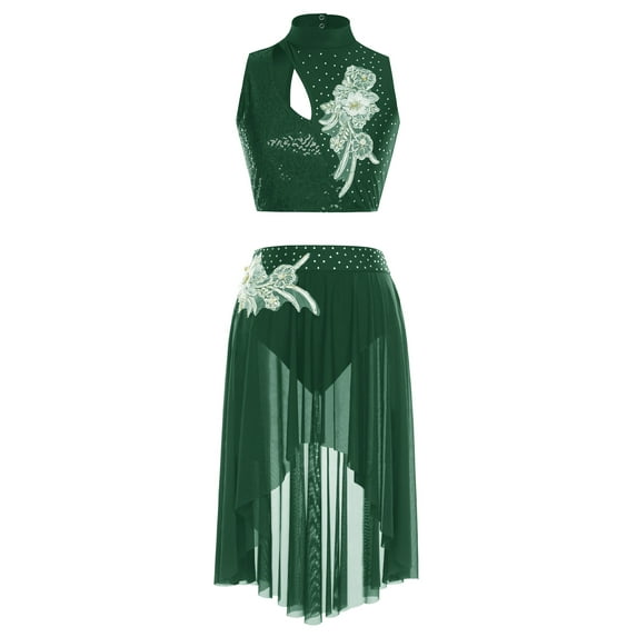 inlzdz Lyrical Dance Outfits for Women Sequin Crop Top Mesh Tulle Skirt Stage Performance Dancewear Dark Green S