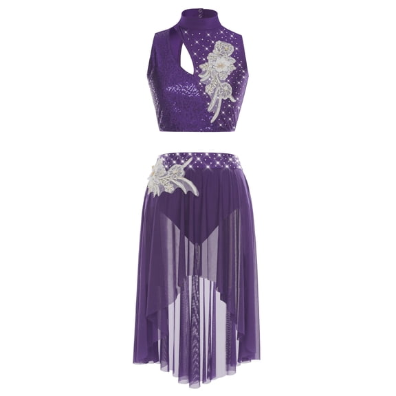 inlzdz Lyrical Dance Outfits for Women Sequin Crop Top Mesh Tulle Skirt Stage Performance Dancewear Purple M