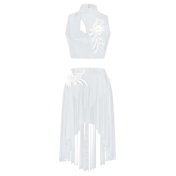 inlzdz Lyrical Dance Outfits for Women Sequin Crop Top Mesh Tulle Skirt Stage Performance Dancewear White L