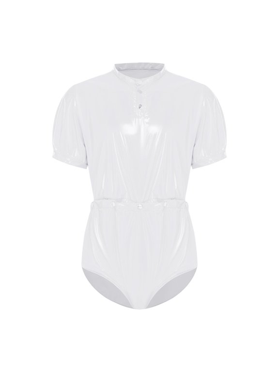 Men Crew Neck Diaper Covers Tear Away Bodysuit Short Sleeve Special Needs Clothing Wrestling Singlet White S