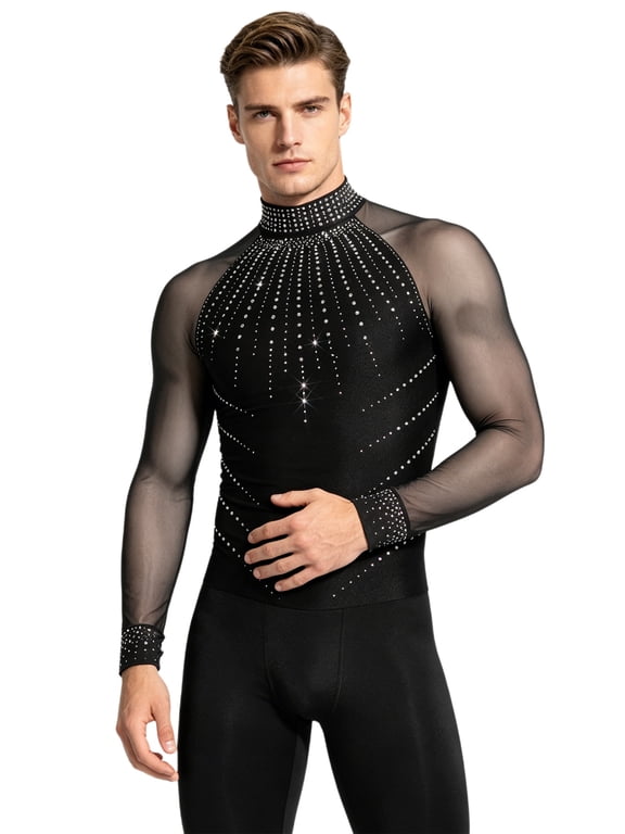 Men Figure Skating Bodysuit Long Sleeve Sparkly Rhinestones Dance Shirt One-piece Leotard for Holiday Black XL