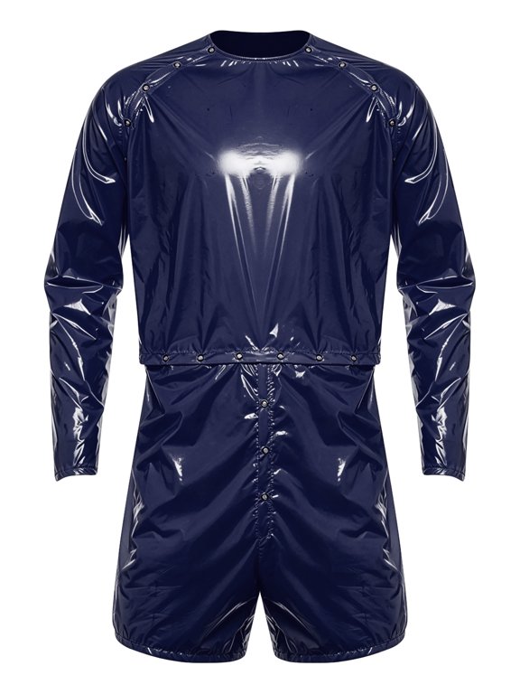 Men Incontinence Leotard Waterproof Bodysuit One Piece Long Sleeve Bucklable Waist Diaper Coveralls Dark Blue S