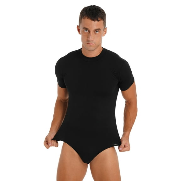 inlzdz Men One Piece Short Sleeve Undershirt Press Skinny Jumpsuit Button Crotch T-shirt Bodysuit Black XXL