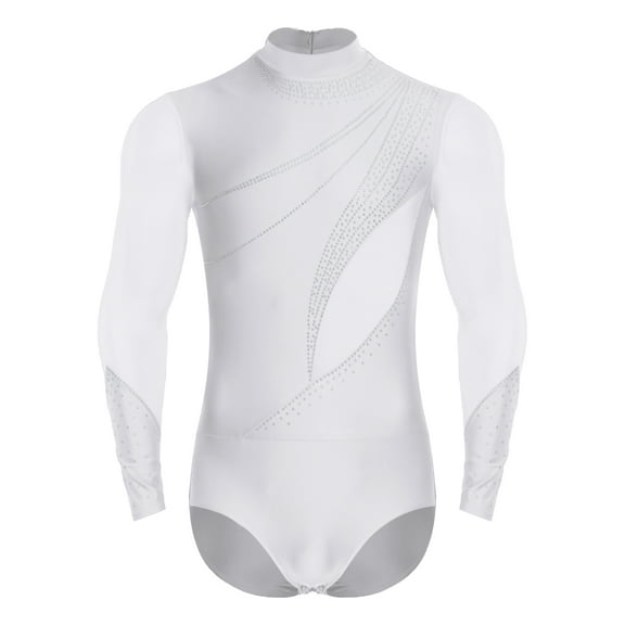 inlzdz Men's Glittery Figure Skating Gymnastics Leotards Latin Dance Practice Competition Unitards White 3XL
