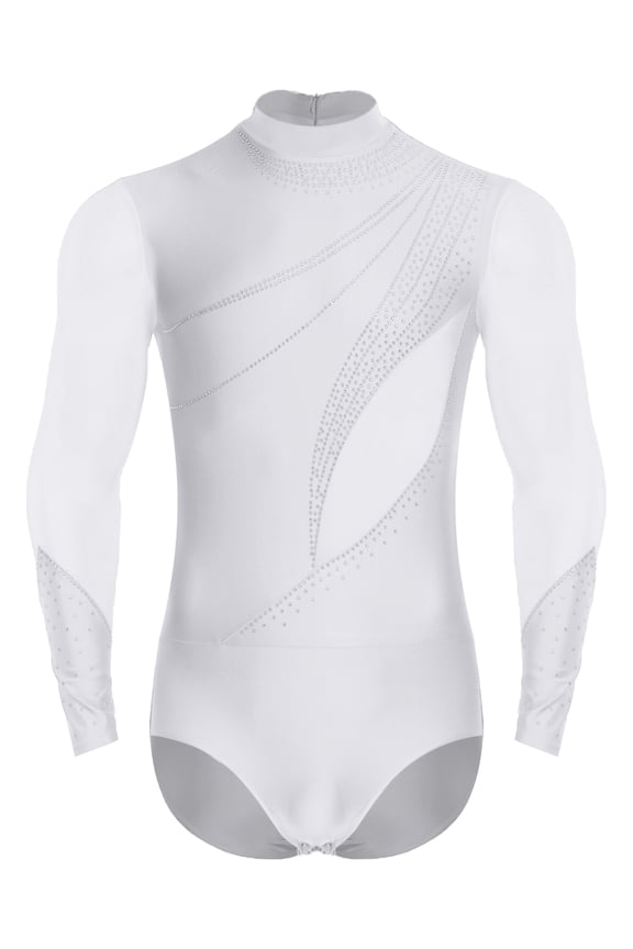 Men's Glittery Figure Skating Gymnastics Leotards Latin Dance Practice Competition Unitards White L