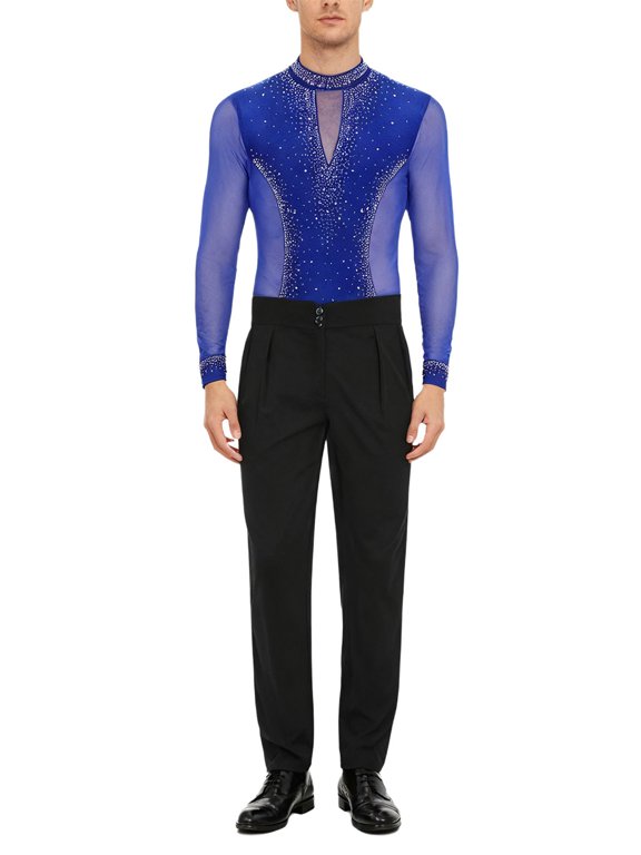 Men's Latin Salsa Dance Leotard Long Sleeve Glitter Ballet Dance Unitards with Straight Leg Trousers Blue S