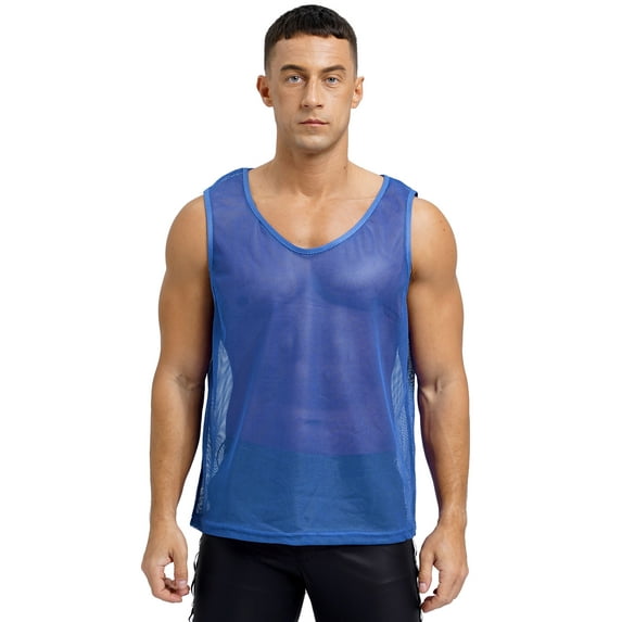 inlzdz Men's Mesh Fishnet Muscle Tank Top Sleeveless See Through Workout T-Shirt Night Club Tops Blue L