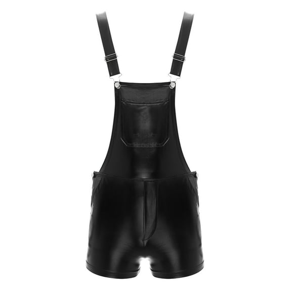 inlzdz Men's Metallic Shorts Dungarees Suspender Bib Overall Spandex Leotard Romper Bodysuit Black XL