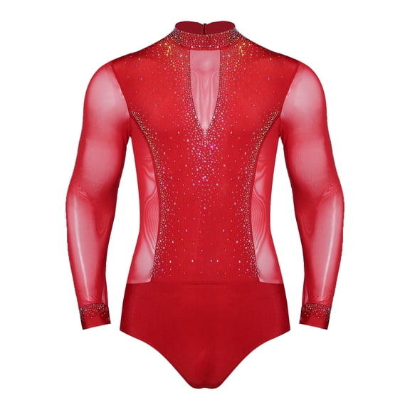 inlzdz Men's Mock Neck Long Sleeve Ballroom Latin Dance Leotard Shirt Figure Skating Bodysuit Tops Red S