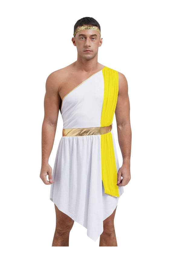 Mens Ancient Greek Toga Dress One Shoulder Irregular Hem Tunic with Headband Yellow 3XL