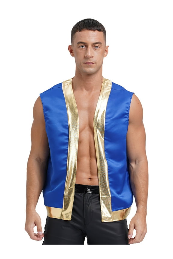 Mens Cartoon Toad Costume Metallic Trim Open Front Vest Top Waistcoat Royal Blue M