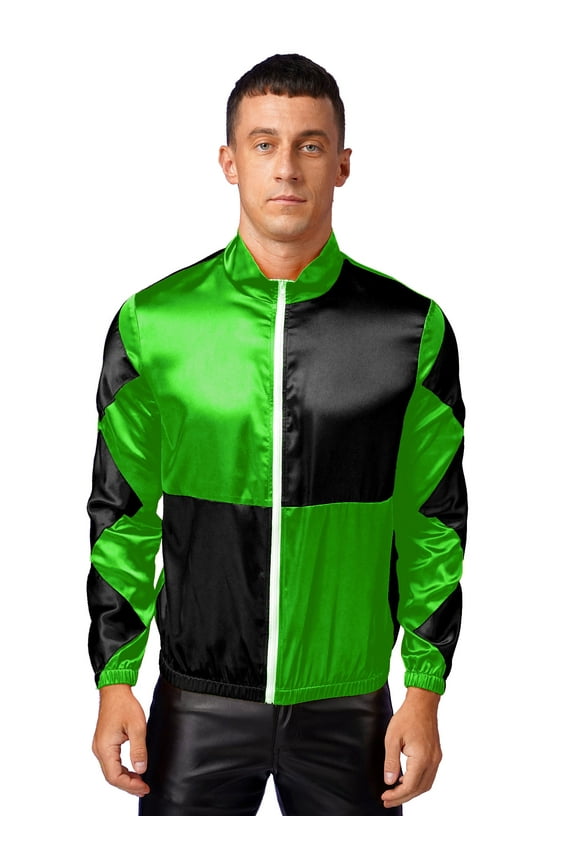 Mens Halloween Satin Jackets Horse Racer Checkerboard Coats Green&Black L